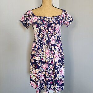 Xhilaration Navy & Pink Floral Smocked Off-The-Shoulder Dress Size L